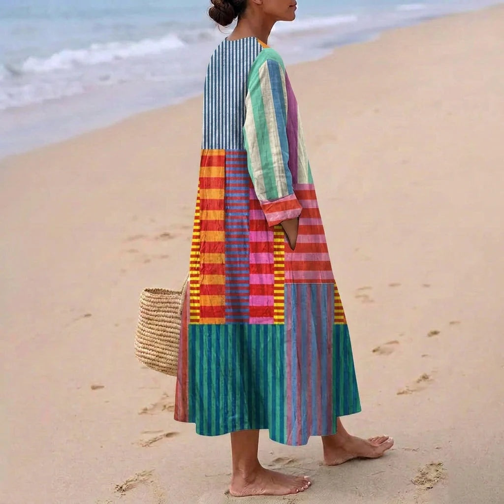 Esther | Vestido Largo Geométrico Patchwork Escote V