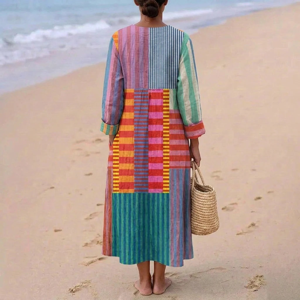 Esther | Vestido Largo Geométrico Patchwork Escote V