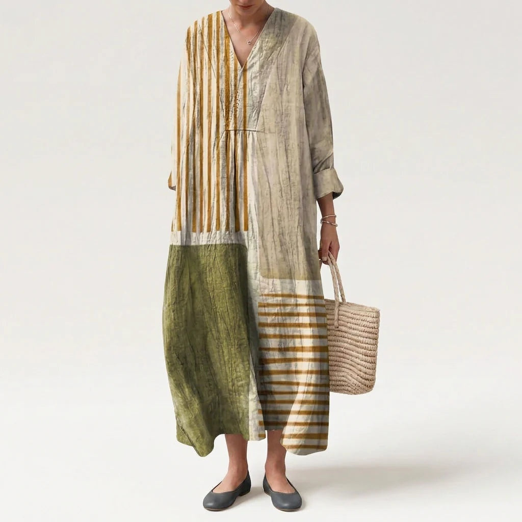 Esther | Vestido Largo Geométrico Patchwork Escote V