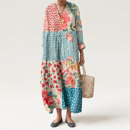 Esther | Vestido Largo Geométrico Patchwork Escote V