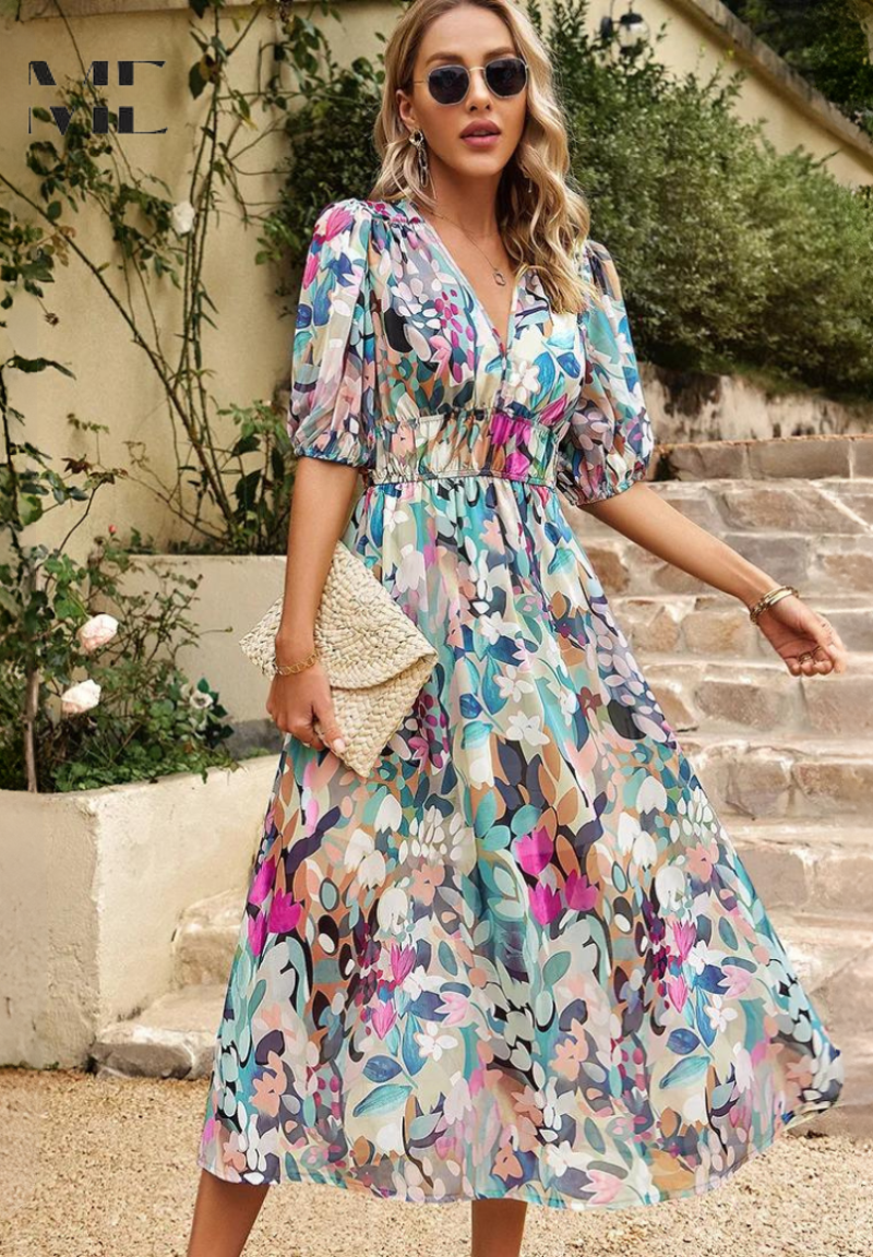 Marisol | Vestido Midi de Invitada con Estampado Floral y Mangas Abullonadas