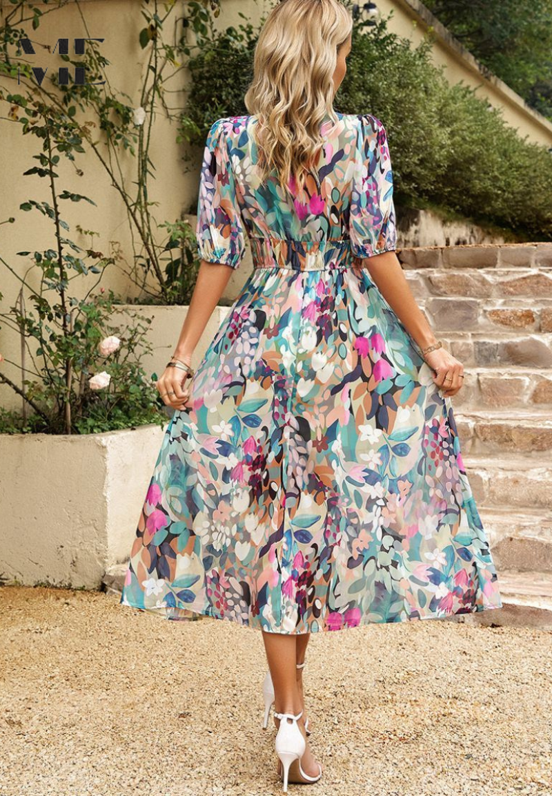Marisol | Vestido Midi de Invitada con Estampado Floral y Mangas Abullonadas