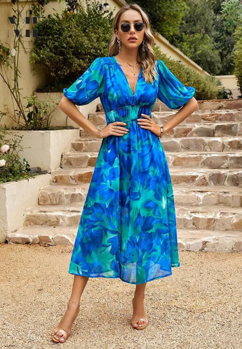 Marisol | Vestido Midi de Invitada con Estampado Floral y Mangas Abullonadas