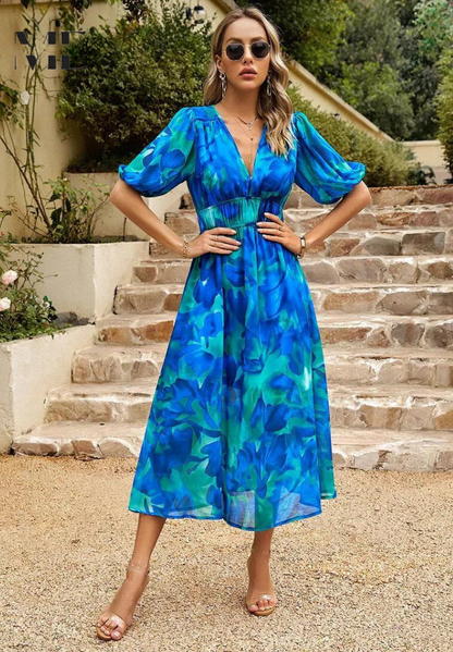 Marisol | Vestido Midi de Invitada con Estampado Floral y Mangas Abullonadas
