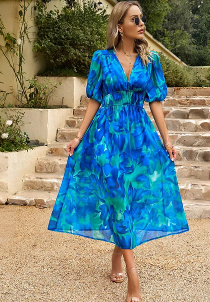 Marisol | Vestido Midi de Invitada con Estampado Floral y Mangas Abullonadas