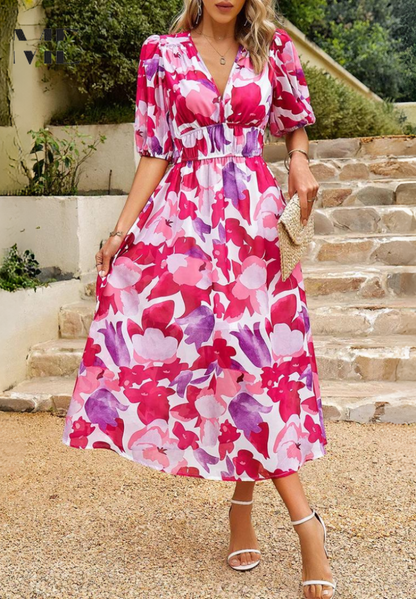 Marisol | Vestido Midi de Invitada con Estampado Floral y Mangas Abullonadas