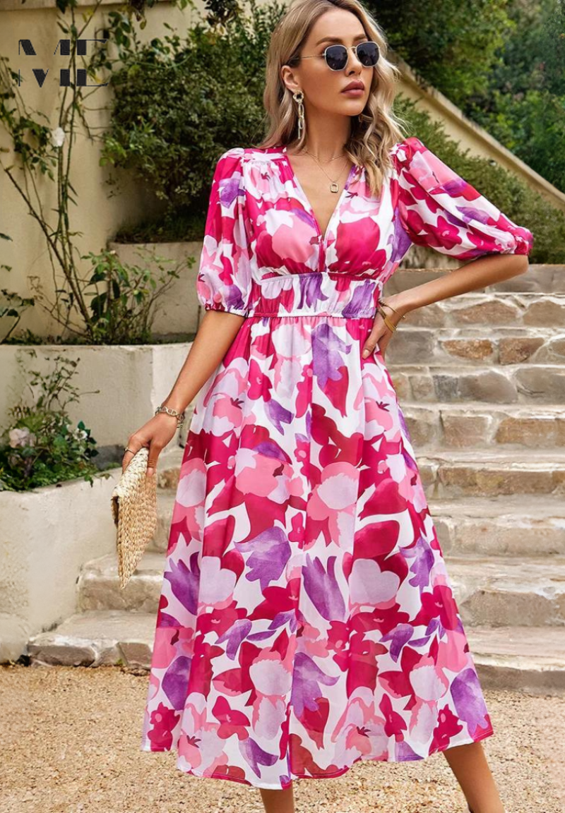 Marisol | Vestido Midi de Invitada con Estampado Floral y Mangas Abullonadas