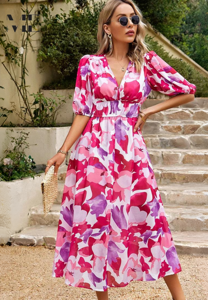 Marisol | Vestido Midi de Invitada con Estampado Floral y Mangas Abullonadas